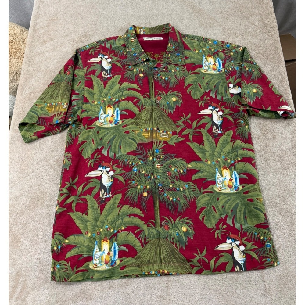 Tommy Bahama Silk Shirt Men Large Toucan Christmas Workshop collectible S/S EUC